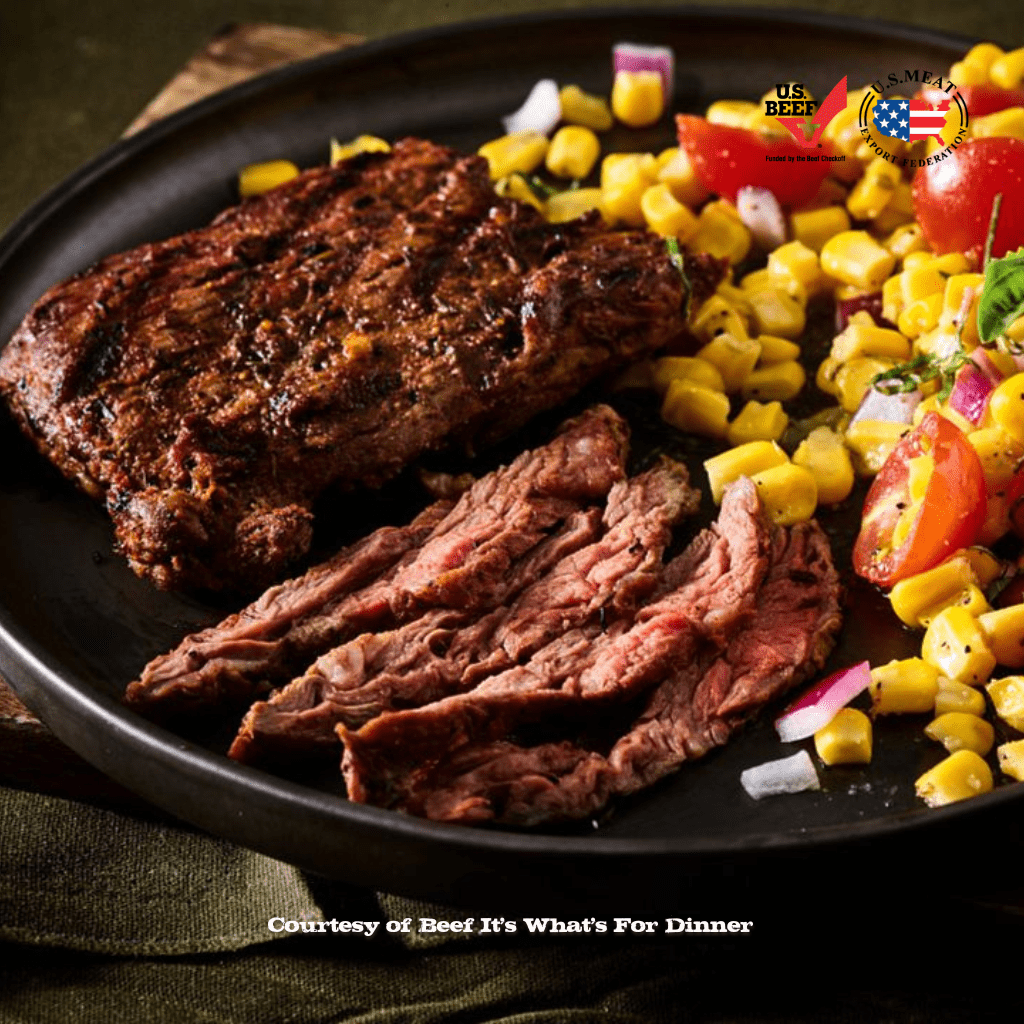 cowboy marinated skirt steak with corn salad